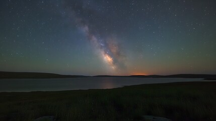 Fototapeta premium Milky Way Galaxy Over Serene Lake Night Landscape