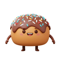 A happy cartoon donut with chocolate frosting and sprinkles stands cheerfully, perfect for adding a playful touch to any creative design.