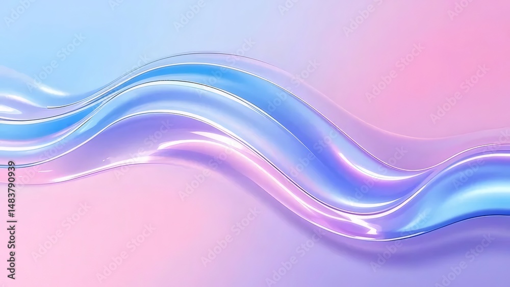Poster 淡いピンクと青色の背景に流れるような波状の抽象的なデザイン 光沢のあるハイライトと滑らかなテクスチャが特徴のエレガントなデザイン