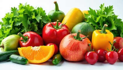 Variety of organic fruits and vegetables on white , studio, whole foods