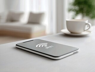 Modern Smartphone on Tabletop with Wi-Fi Signal Display, Lifestyle and Technology Concept, Minimalist Workspace