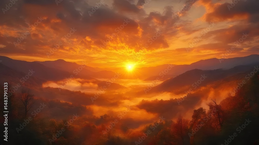 Aufkleber 夕焼け空が山々を照らす美しい風景 オレンジとゴールドの光に包まれた森の絶景 穏やかな山の稜線と霞がかった谷間 日没の山岳風景