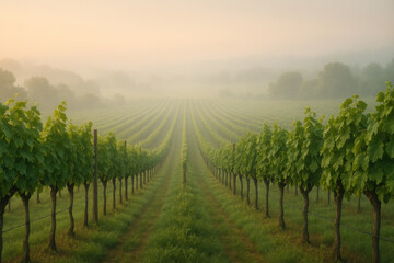 Fototapeta premium Vineyard workers harvesting grapes in foggy California valley.