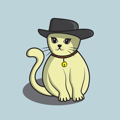 Cartoon Cat with Black Hat Sitting on Light Blue Background

