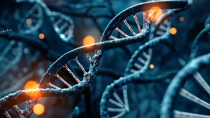 A close up of a DNA strand with a blue background. The strand is covered in a lot of small dots and has a lot of glowing spots. Concept of complexity and mystery - Powered by Adobe