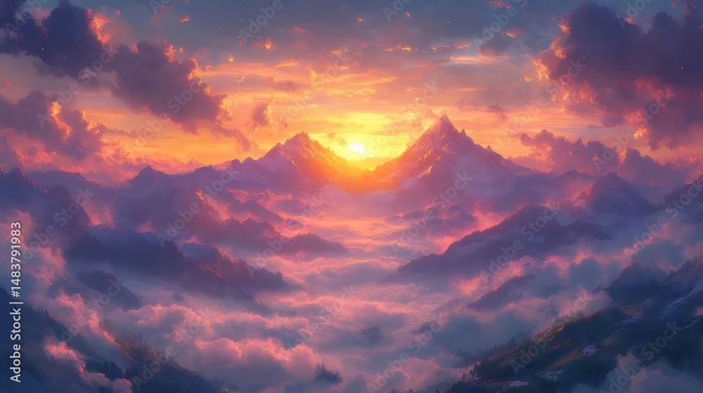 Poster オレンジと紫の夕焼け空に映える山々の美しい風景 壮大な山脈と雲が織りなす自然の神秘的な光景 ドラマチックな太陽光が霞んだ山頂を照らす