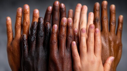 Juneteenth, Diverse hands raised together, showcasing unity and inclusion, with various skin tones symbolizing strength in community.
