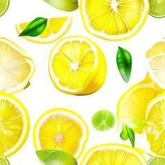 Lemon slices and leaves isolated on transparent background
