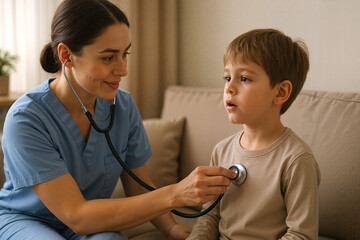 Nurse using stethoscope to assess breathing of boy at home  
