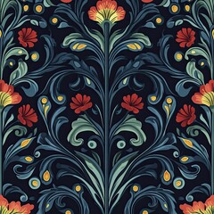 Dark floral damask pattern with stylized flowers and scrolls.  Intricate symmetrical design on a navy background.  Vibrant red and yellow accents