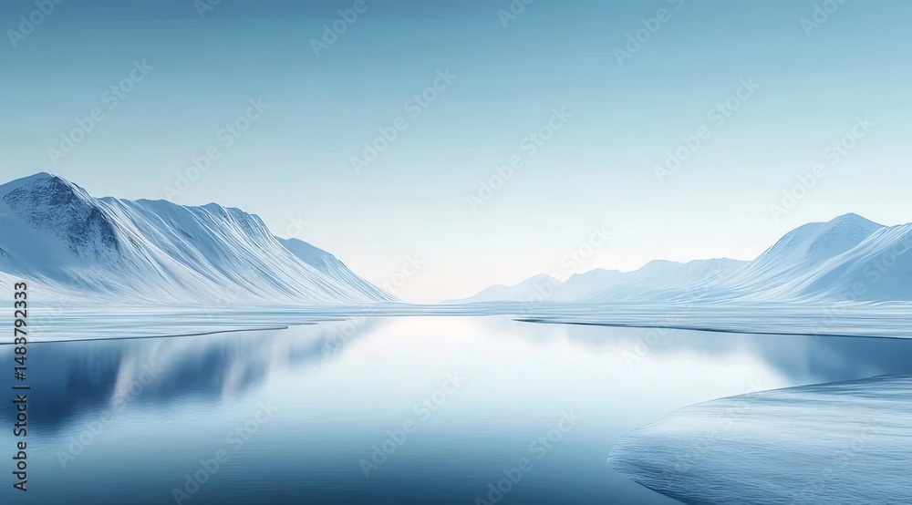 Aufkleber 氷の質感を持つ雪に覆われた山々と反射湖のパノラマ風景 冬の背景と穏やかな雰囲気