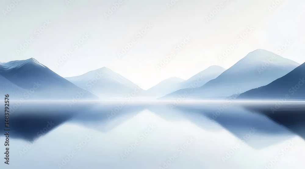 Aufkleber 霧がかった山々と湖の反射を描いた青と白の風景 穏やかな雰囲気 水面のリフレクションとぼかし効果が印象的