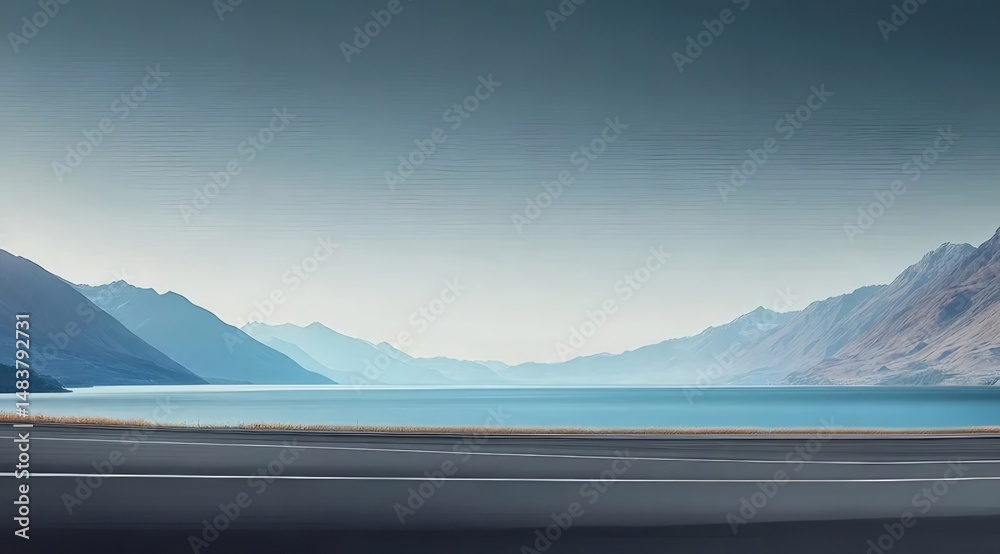 Aufkleber 道路に隣接した水辺の山々の穏やかな遠景 シアンブルーの空に囲まれ静かで平和な雰囲気