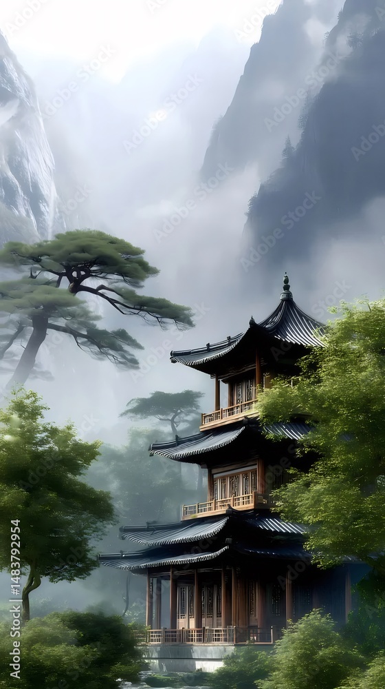 Poster 緑豊かな木々に囲まれたアジアの寺院 霧がかった山々を背景にした伝統的な建築様式 リフレクティブプールが静けさを醸し出す
