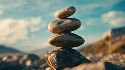 A stack of rocks on a beach. The rocks are arranged in a pyramid shape. The scene is peaceful and serene, with the rocks representing stability and balance