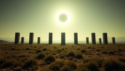 Monoliths in desolated lands, futuristic landscape, sun haze, mysterious