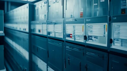 pan video of a row of metal office filing cabinets against a wall with labeled drawers, cool light, concept of order and organization in a busy office