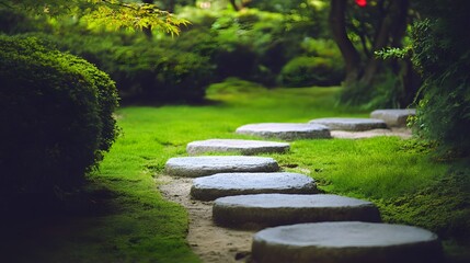 Fototapeta premium Serene Stone Path in Lush Green Japanese Garden