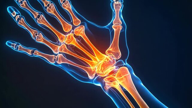A hand with a blue skeleton in the middle of it. The skeleton is orange and has a red line going through it