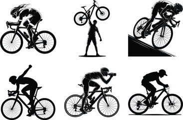 Cycling Silhouette Bundle of  Bicycle Art, T-shirt Design Vector, and White Background.