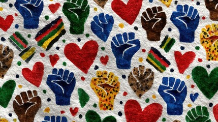 Juneteenth, Colorful pattern of raised fists and hearts, vibrant activism-inspired design, perfect for social movements and unity themes.