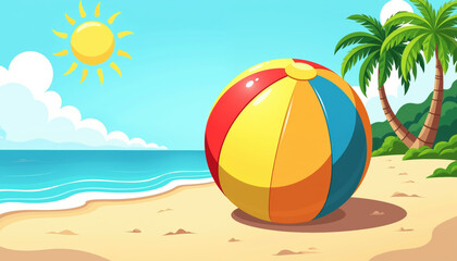 Beautiful colorful illustration of a vibrant beach scene with a colorful beach ball in the foreground, a sunny sky, and palm trees.
