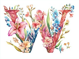  Botanical W Letter Made of Delicate Flowers in Watercolor
