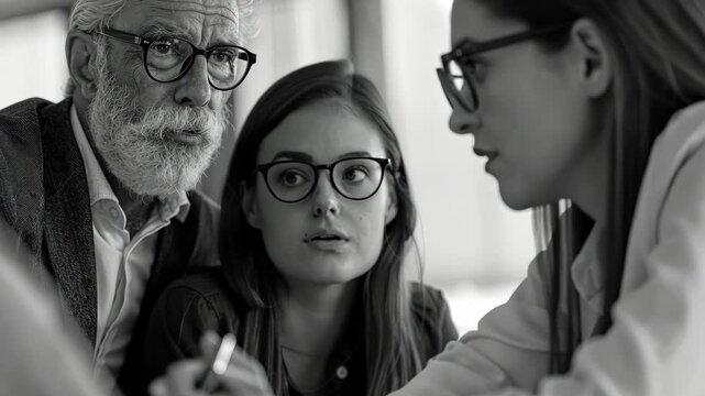 A man and two women are sitting at a table with a pen and paper in front of them. The man is wearing glasses and the woman is wearing glasses as well. Scene is one of collaboration and focus