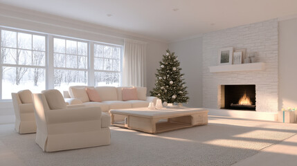 Fototapeta premium serene winter evening in cozy living room adorned with warm decorations and soft glowing lights