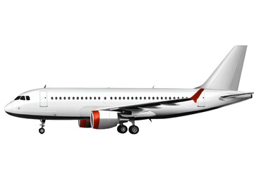 White airplane isolated on transparent background, side view, with red accents. Vector image