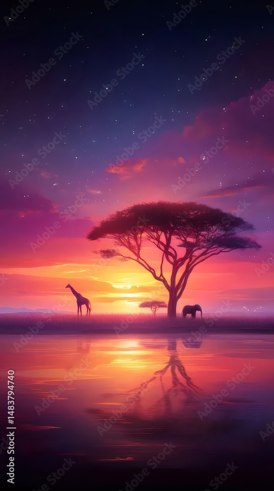 Poster アフリカのサバンナの夕焼け キリンと象のシルエット オレンジとピンクの空 水面への反射 星空の下での穏やかな風景