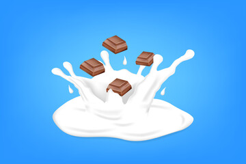 Milk Splash with Chocolate Pieces – Realistic Vector Background