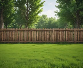 Fototapeta premium Rustic wooden fence, park poster mockup, green grass, trees, outdoor, realistic