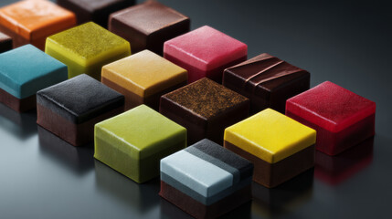 Obraz premium Colorful chocolate squares arranged beautifully on a sleek surface.