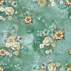 "Bright and bold tropical flowers scattered evenly in a seamless floral pattern &ndash; ideal for summer fashion prints."