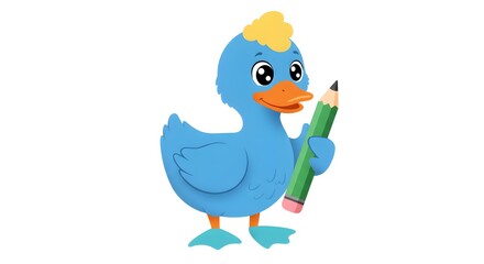 Fototapeta premium Cute Blue Duck Cartoon Character with Pencil