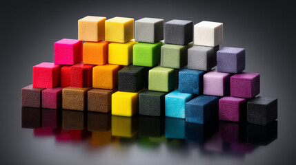 Colorful cubes arranged artistically on a reflective surface, showcasing vibrant hues.