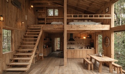 Rustic wooden cabin interior with loft bedroom, open kitchen, dining area, and wooden staircase.  Natural light floods the space