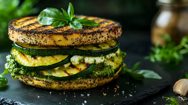 A Bocata de Calabacin, Zucchini Sandwich with grilled zucchini, goat cheese, and pesto, placed on a dark stone plate