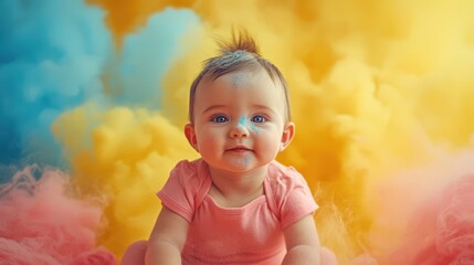 Adorable baby girl in pink bodysuit, playfully covered in pastel powder. Vibrant, joyful mood. Ideal for product advertising, cards, and websites.