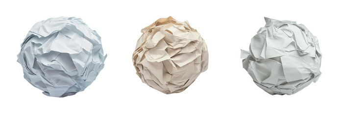 Fototapeta premium Set of crumpled paper balls isolated on transparent or white background, ideal for concepts like mistakes, brainstorming, creativity, recycling, and frustration.