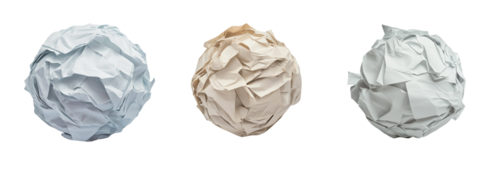 Set of crumpled paper balls isolated on transparent or white background, ideal for concepts like mistakes, brainstorming, creativity, recycling, and frustration.