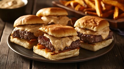 Fototapeta premium Cheeseburgers with Fries on a Wooden Table