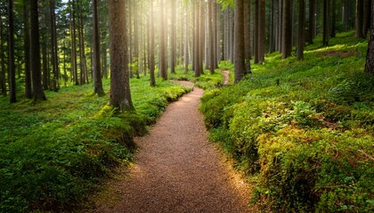 Fototapeta premium nature trail and hiking path in forest forest scene with hiking path straight trail through forest