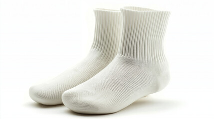 A pair of bright white socks neatly laid flat on a clean white background, forming a soft L-shape.
