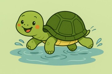 Obraz premium Playful cartoon turtle swimming through an imaginary puddle, cheerful illustration on a light green background