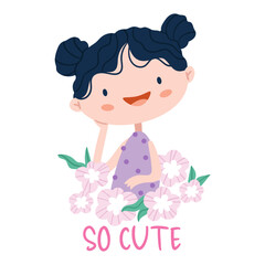 Adorable cartoon girl with two buns, wearing a purple polka-dot dress, surrounded by pink flower 