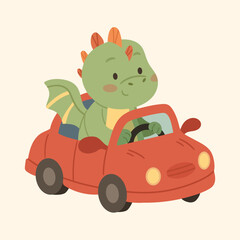 Cute cartoon baby dragon driving a red toy car. Adorable fantasy character in flat vector style, 