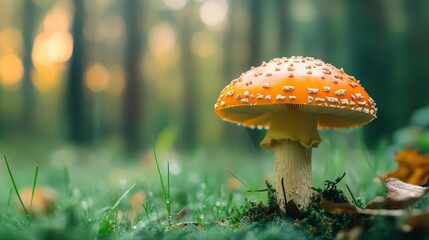 Orange mushroom growing in forest during autumn