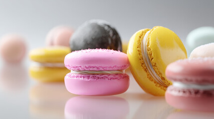 Obraz premium Colorful macarons arranged artfully on a light background for dessert lovers.